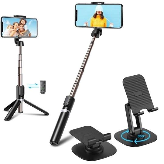 GADGETSWEAR Mobile Stand Selfie Stick Phone with Tripod Holder for Video Recording, (Combo with Mobile Holder), Vlogging Accessories Kit, YouTube Making Gadgets Photo/Videos Remote, 360 Rotation