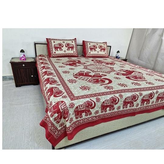 Home Spire Bed Sheet Set with Pillow Covers, Traditional Indian Elephant Print Cotton semi duoble in Red and White Color,Best use at Single Bed and Deewan