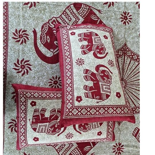 Home Spire Bed Sheet Set with Pillow Covers, Traditional Indian Elephant Print Cotton semi duoble in Red and White Color,Best use at Single Bed and Deewan
