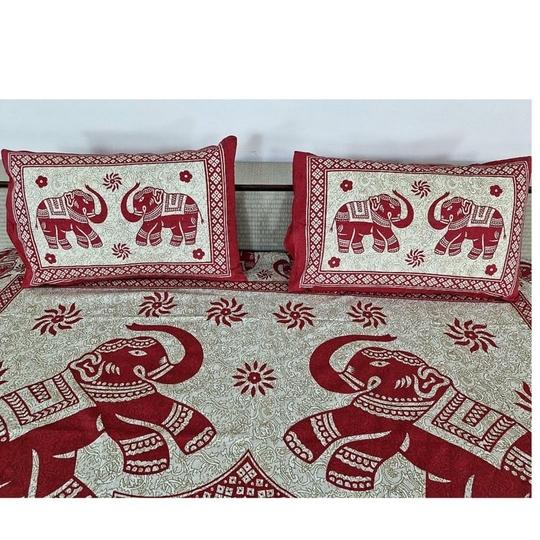 Home Spire Bed Sheet Set with Pillow Covers, Traditional Indian Elephant Print Cotton semi duoble in Red and White Color,Best use at Single Bed and Deewan
