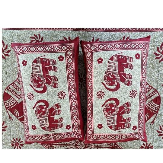 Home Spire Bed Sheet Set with Pillow Covers, Traditional Indian Elephant Print Cotton semi duoble in Red and White Color,Best use at Single Bed and Deewan