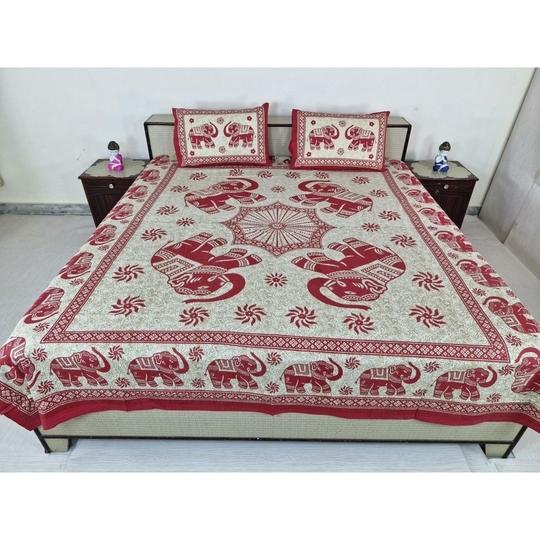 Home Spire Bed Sheet Set with Pillow Covers, Traditional Indian Elephant Print Cotton semi duoble in Red and White Color,Best use at Single Bed and Deewan
