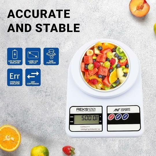 Ant Esports AEKS100 Kitchen Weighing Machine/Food Scale for Health, Fitness, Shop,Home Baking & Cooking with Large LCD Display,Tare Function, OverLoad Indicator, Weigh Up to 10Kgs, 30 Months Warranty