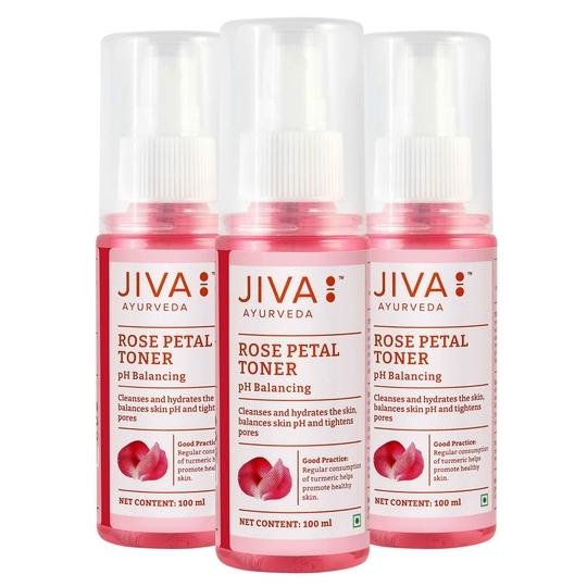 JIVA AYURVEDA Rose Petal Natural Water - Natural Toner for All Skin Types - Balances pH & Hydrates Skin - 100 ml Each- Pack of 3 Men & Women (300 ml)