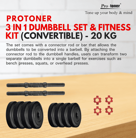 Protoner PVC DUMBBELL 20 Kg Dumbbells Set and Fitness Kit (Black & Red Rod)