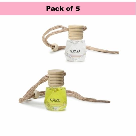 SURAAVI Pack of 5 Pack of 5 Premium Car Air Freshener Hanging Pod Set of 2 Natural Car Fragnance Oil Diffuser Set With Cute Glass Bottle with Wooden Cap With 30 Days Long Lasting Fragrance 8 Ml 027 oz