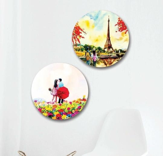 SAF Round Shape Romantic Couples MDF Wall Painting for Living Room 12X12 inch PRE-LRB21-L2