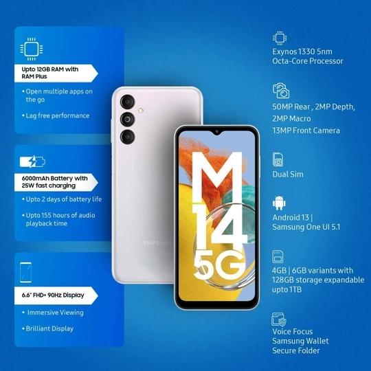 Samsung Galaxy M14 5G, 4GB Ram, 128GB Storage, Icy Silver, Smartphone