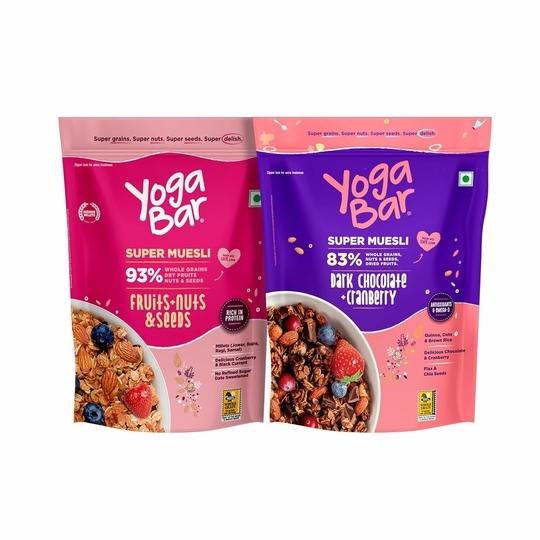 Yogabar Fruit and Nut Muesli 700g & Dark Chocolate Muesli 700g