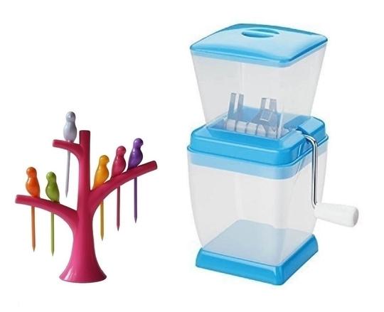 BLUE WONDER Vegetables Plastic Onion Chopper With Bird Shape Plastic Fruit Fork & Multicolour, (Pack of 2)