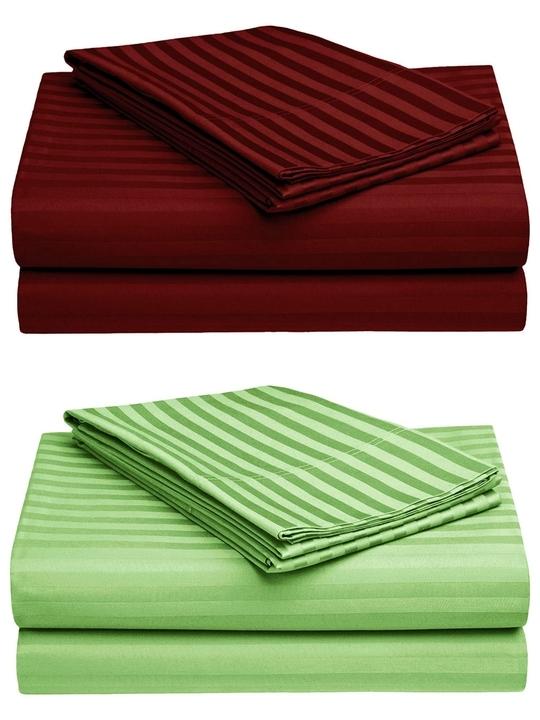 N G Products Combo Pack of 2 Satin Double Bedsheets, Satin Stripes/Lining Stripes Double Bedsheets with 4 Pillow Covers, Color- Maroon & Parrot