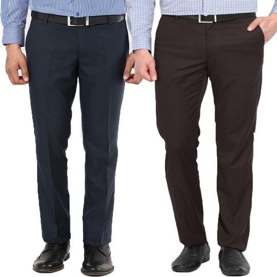 AD & AV Men Brown Solid Synthetic Pack Of 2 Formal Trousers