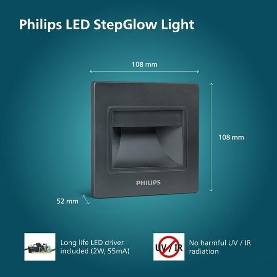 PHILIPS 2W Decorative LED Step Light | StepGlow Surface Mounted Anthracite Outdoor LED Stair Light | Warm White, Pack of 6
