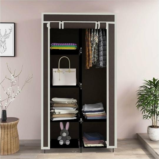 Eco Shopee Shopping Simplified 4+2 Fancy Layer Collapsible Wardrobe Almirah Portable Cloth Rack Foldable Cupboard for Clothes Storage Organizer Shelves Non Woven Fabric and PP Plastic Storage Unit (Self Assemble) (7800-1 , Brown)