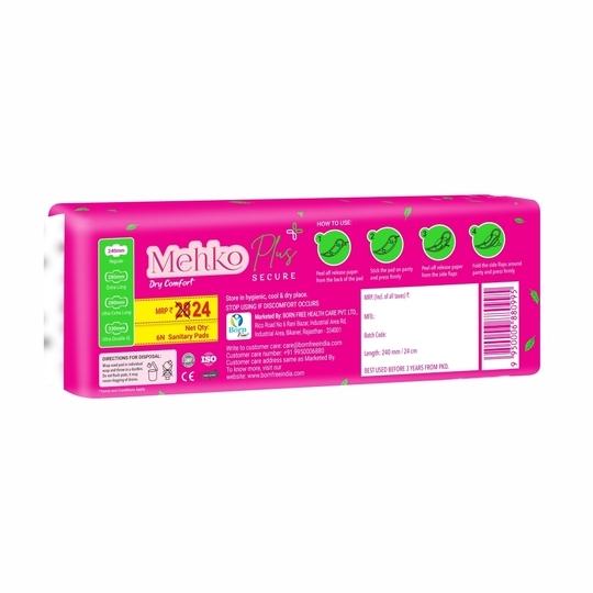 Mehko Plus Secure Sanitary Pads For Women with wings (Regular) 6 Pads Each,PACK OF 10 Sanitary Pad  (60 Pieces)