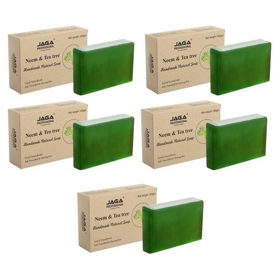 JAGA PROFESSIONAL Neem and Tea Tree Handmade Natural Soap Herbal Chemical-Free Bathing Bar for Soft Nourished and Glowing Skin 100g Pack of 5