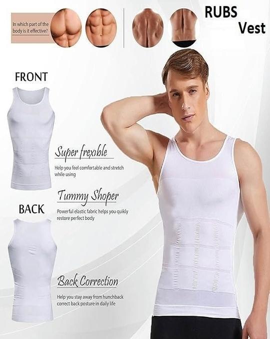 RUBS Men's Slimming Body Shaper Vest | Abs & Abdomen Compression Shirt | Stretchable Tummy Tucker Undershirt (1-White & 2-Black, Size: L, Pack of 3)