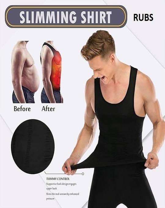 RUBS Men's Slimming Body Shaper Vest | Abs & Abdomen Compression Shirt | Stretchable Tummy Tucker Undershirt (1-White & 2-Black, Size: L, Pack of 3)