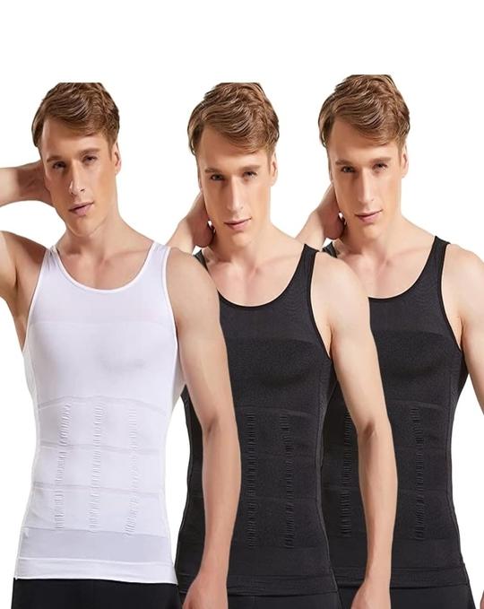 RUBS Men's Slimming Body Shaper Vest | Abs & Abdomen Compression Shirt | Stretchable Tummy Tucker Undershirt (1-White & 2-Black, Size: L, Pack of 3)