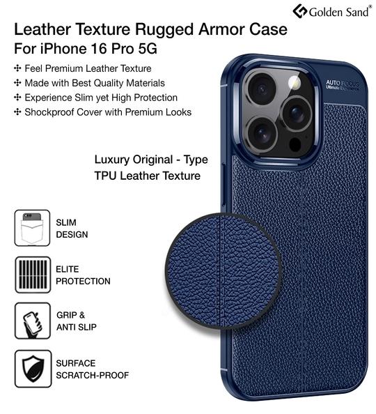 Golden Sand Leather Textured Back Cover Case for Apple iPhone 16 Pro Mobile Phone (ShockProof TPU | Midnight Blue)