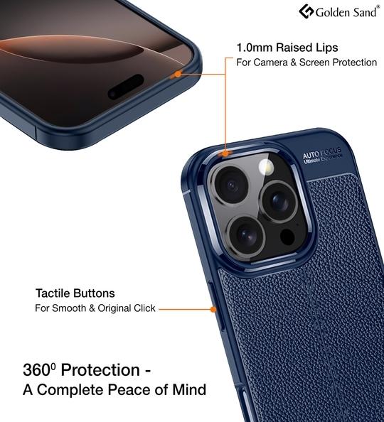 Golden Sand Leather Textured Back Cover Case for Apple iPhone 16 Pro Mobile Phone (ShockProof TPU | Midnight Blue)