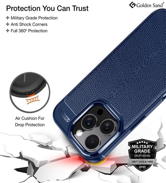 Golden Sand Leather Textured Back Cover Case for Apple iPhone 16 Pro Mobile Phone (ShockProof TPU | Midnight Blue)