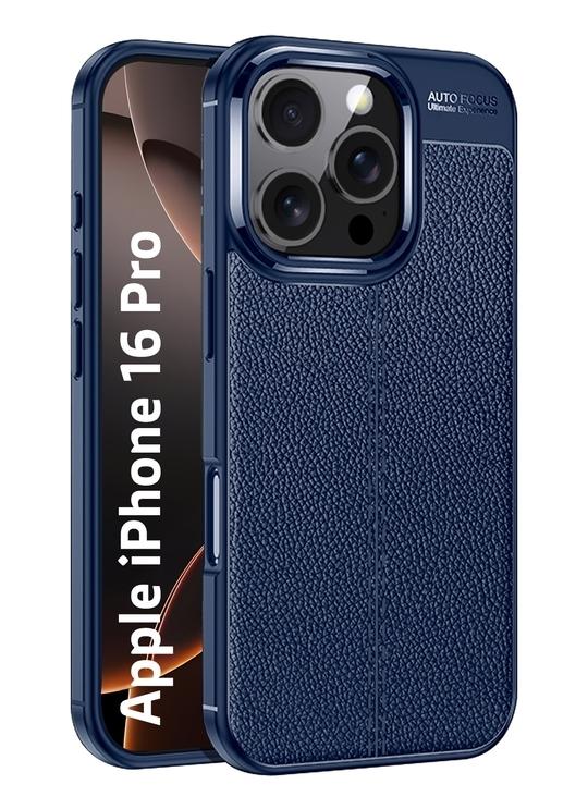 Golden Sand Leather Textured Back Cover Case for Apple iPhone 16 Pro Mobile Phone (ShockProof TPU | Midnight Blue)