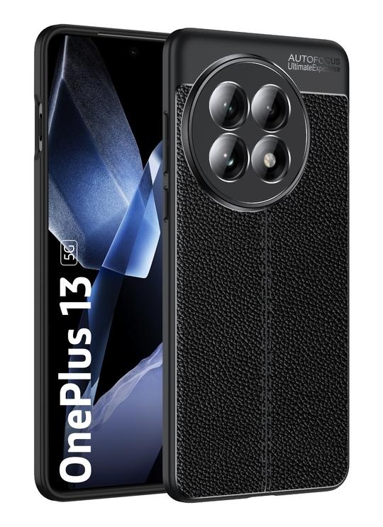 Golden Sand Leather Textured Back Cover Case Compatible with OnePlus 13 5G (ShockProof TPU | Midnight Black)