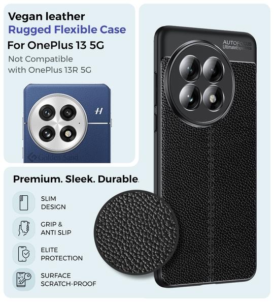Golden Sand Leather Textured Back Cover Case Compatible with OnePlus 13 5G (ShockProof TPU | Midnight Black)