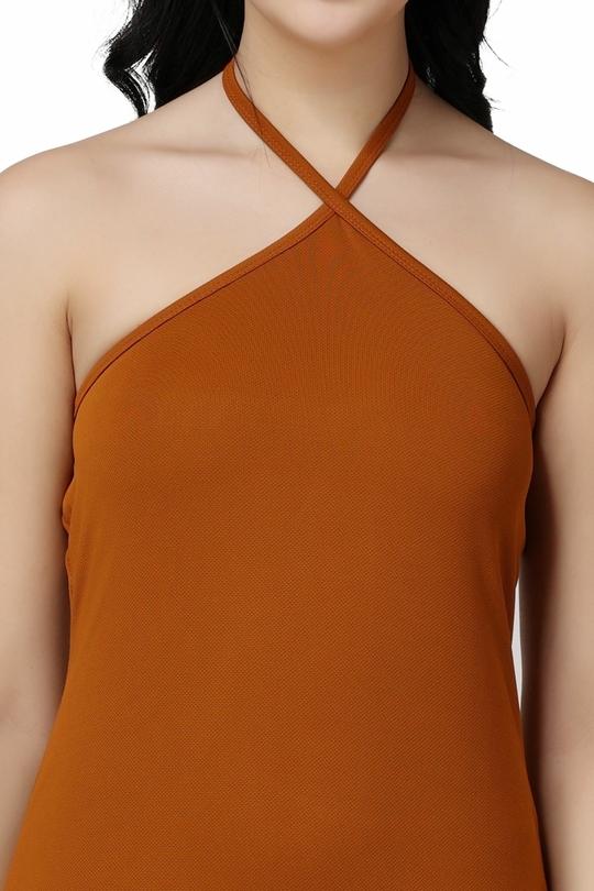 Popwings Women Casual Rust Solid Self Design Knee Length Strap Neck Knot Backless Bodycon Dress