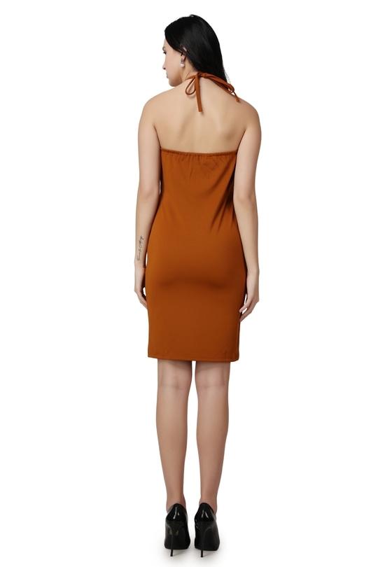 Popwings Women Casual Rust Solid Self Design Knee Length Strap Neck Knot Backless Bodycon Dress