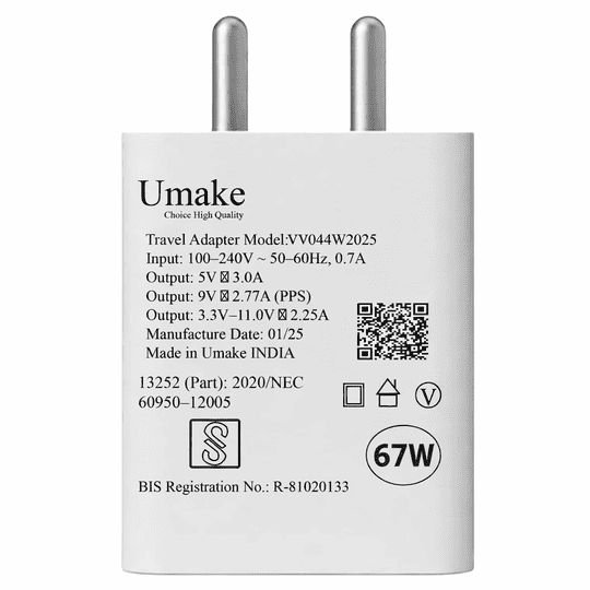 Umake 67W Google Pixel Fast Charger | Type-C Adapter | for Google Pixel 9 Pro/9/8a/8 Pro/7 Pro | 3 Months Warranty | BIS Certified