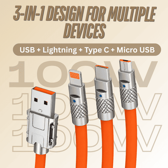 Umake 3-in-1 Multi Charging Cable | Nylon Braided | 1M (Orange) | for Samsung S25/S24, iPhone 16/15, OnePlus 13, Redmi Note 14, Vivo V40 | 3 Months Warranty | BIS Certified