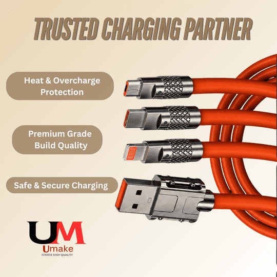 Umake 3-in-1 Multi Charging Cable | Nylon Braided | 1M (Orange) | for Samsung S25/S24, iPhone 16/15, OnePlus 13, Redmi Note 14, Vivo V40 | 3 Months Warranty | BIS Certified