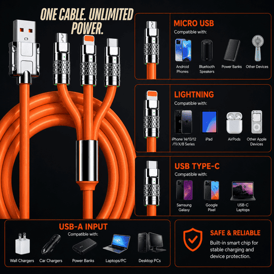 Umake 3-in-1 Multi Charging Cable | Nylon Braided | 1M (Orange) | for Samsung S25/S24, iPhone 16/15, OnePlus 13, Redmi Note 14, Vivo V40 | 3 Months Warranty | BIS Certified