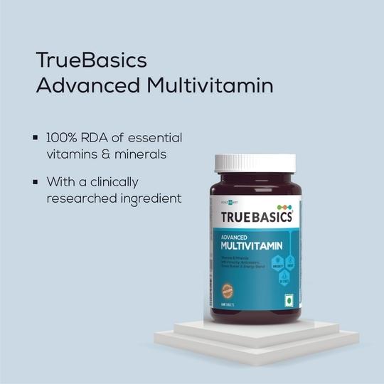 TrueBasics Advanced Multivitamin, Multivitamin for Men & Women, Energy Blend, Immunity Blend, Stress Buster Blend | Clinically Researched Ingredients & Herbal Extracts, 60 Multivitamin Tablets