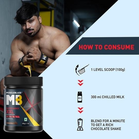 MuscleBlaze Super Gainer XXL, For Muscle Mass Gain (Chocolate, 500 g / 1.1 lb)