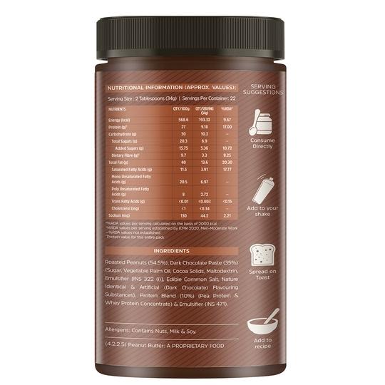 MuscleBlaze High Protein Peanut Butter with Pea Protein & Whey Protein Concentrate, Crunchy, 30 g Protein, Dark Chocolate Spread, 750 g