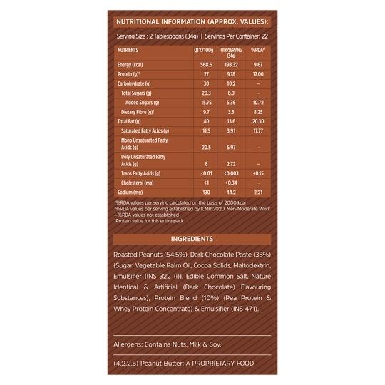 MuscleBlaze High Protein Peanut Butter with Pea Protein & Whey Protein Concentrate, Crunchy, 30 g Protein, Dark Chocolate Spread, 750 g