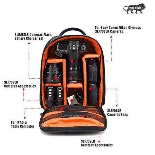 SMILEDRIVE Waterproof DSLR Backpack Camera Bag, Lens Accessories Carry Case for All SLR Cameras (Black and Orange, Made in India)