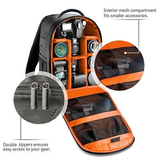SMILEDRIVE Waterproof DSLR Backpack Camera Bag, Lens Accessories Carry Case for All SLR Cameras (Black and Orange, Made in India)