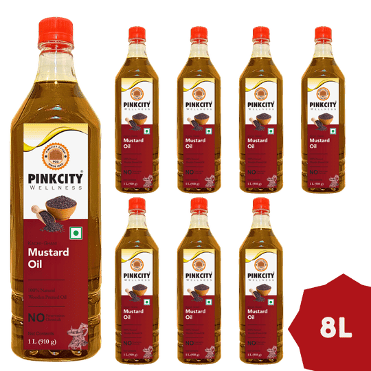 Pinkcity Wellness Pure Kachi Ghani Mustard Oil 8 L| Wooden Cold Pressed | 8 x 1 Litre Bottle