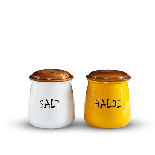 ARTISTIC INDIAN CRAFTS Jar For Kitchen Storage With Wooden Lid | Air-Tight Kitchen Containers For Storage | Multipurpose Jar For Turmeric Powder and Salt | 300ml | White & Yellow |