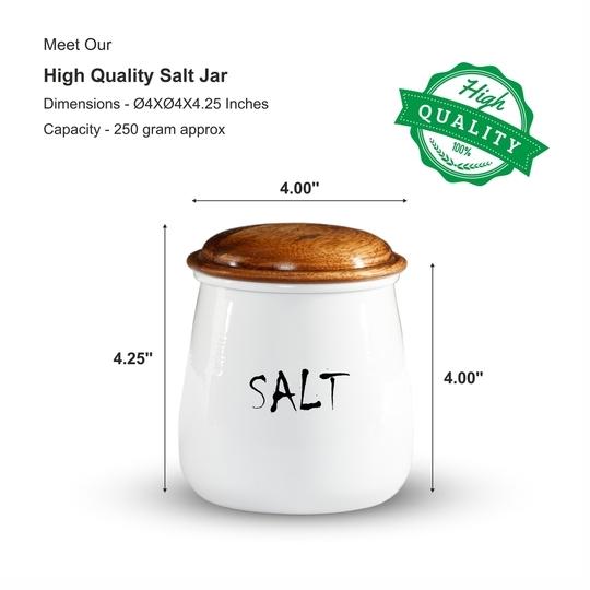 ARTISTIC INDIAN CRAFTS Jar For Kitchen Storage With Wooden Lid | Air-Tight Kitchen Containers For Storage | Multipurpose Jar For Turmeric Powder and Salt | 300ml | White & Yellow |