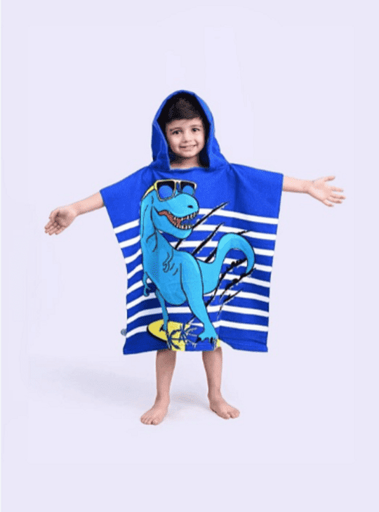 Famyo Cool Blue & White Dinosaur Design Poncho Towel for Kids (1-7 years
