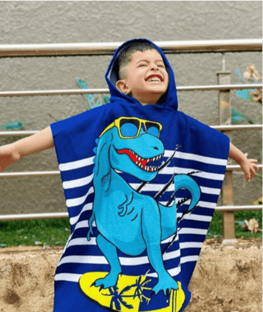 Famyo Cool Blue & White Dinosaur Design Poncho Towel for Kids (1-7 years