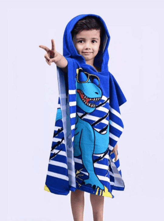 Famyo Cool Blue & White Dinosaur Design Poncho Towel for Kids (1-7 years