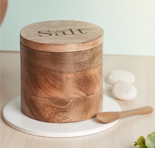 Classyo Wooden Salt Containers for Kitchen, Salt Jar for Kitchen with Wooden Spoon, Salt Storage Containers for Kitchen with Airtight Lid- Salt Box (5 Inch), 800ml