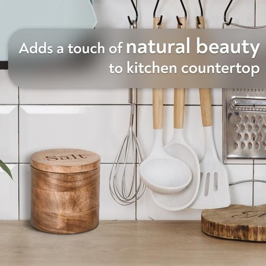 Classyo Wooden Salt Containers for Kitchen, Salt Jar for Kitchen with Wooden Spoon, Salt Storage Containers for Kitchen with Airtight Lid- Salt Box (5 Inch), 800ml