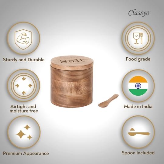 Classyo Wooden Salt Containers for Kitchen, Salt Jar for Kitchen with Wooden Spoon, Salt Storage Containers for Kitchen with Airtight Lid- Salt Box (5 Inch), 800ml